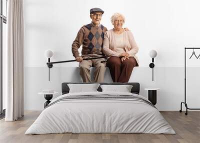 Full length portrait of an elderly couple sitting on a blank panel and smiling at camera Wall mural