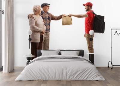 Full length profile shot of a guy delivering takeaway food bag to an elderly couple Wall mural