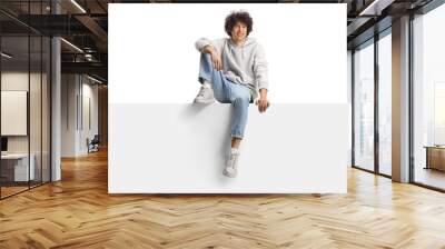 Guy with curly hair sitting on a panel and smiling Wall mural