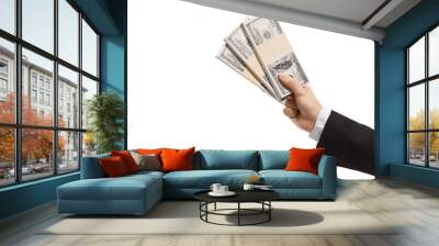 Hand of a man in a suit holding three stacks of us dollar money Wall mural