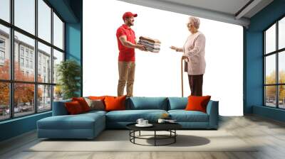 Laundry worker delivering a pile of folded clothes to an elderly woman Wall mural