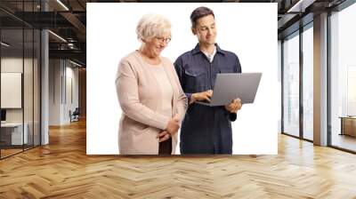 Male worker with a laptop computer showing to a casual elderly woman Wall mural