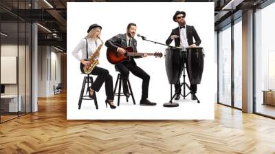 Man playing an acoustic guitar, female sax player and a man conga drummer performing in a band Wall mural