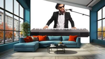 Man with sunglasses and a beard playing a digital piano and singing on a microphone Wall mural