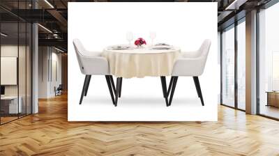 Round restaurant table with a cloth set for two persons Wall mural