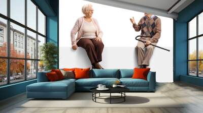 Senior man talking to a senior woman while sitting on a blank panel Wall mural