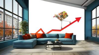 Shopping cart with food on a red arrow rising up Wall mural