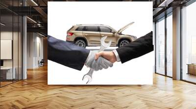 SUV owner shaking hand with auto mechanic worker Wall mural