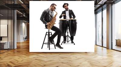 Two male musicians playing a sax and a conga drum Wall mural