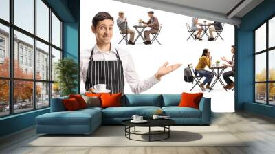 Waiter holding an espresso coffee in a cafee full of people Wall mural