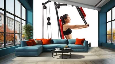 Young female doing a chest exercise on a fitness machine Wall mural