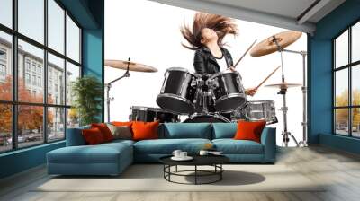 Young female drummer throwing her hair and playing drums Wall mural