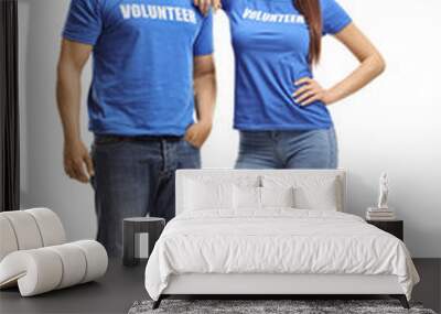 Young man and woman volunteers in blue t-shirts posing Wall mural