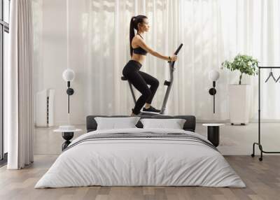 Young woman exercising on a stationary bike at home Wall mural