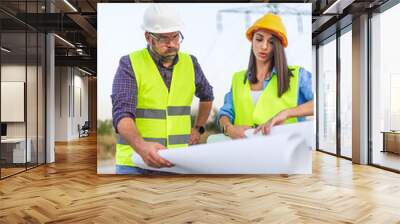 Two engineers having working discussion holding blueprint by power lines Wall mural