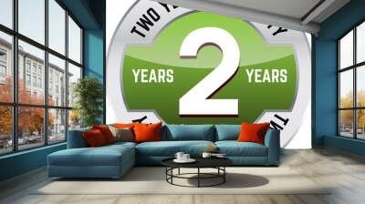 TWO YEARS WARRANTY shiny button. Bright metal shiny circular button with words Two year warranty on it. Wall mural