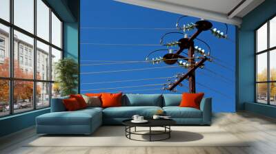 power line with electrical pole in the clear sky Wall mural