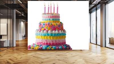 A colorful birthday cake with multiple tiers, decorated with frosting, candles, and sprinkles, Isolated on transparent background Wall mural