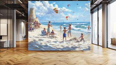 A family enjoying a fun-filled day at the beach, building sandcastles, flying kites, and playing beach volleyball. The scene captures the joy and energy of a sunny day by the sea. Wall mural