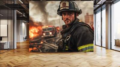 A firefighter in full gear, battling flames and smoke at a dramatic fire scene. The photograph captures the intensity and bravery of the moment, with fire trucks and fellow firefighters in the Wall mural