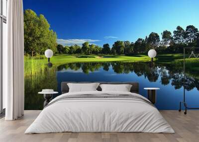 A golf course with a striking water hazard, the reflective surface mirroring the lush greens and clear blue sky, the scene framed by well-maintained fairways and strategic bunkers Wall mural