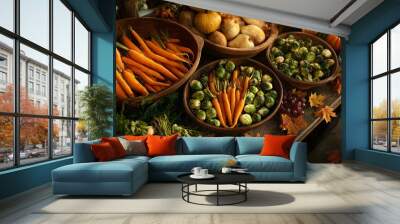 A rustic table filled with a beautiful display of harvest vegetables including vibrant carrots squash and roasted Brussels sprouts arranged in wooden bowls earthy tones dominating the scene fall Wall mural