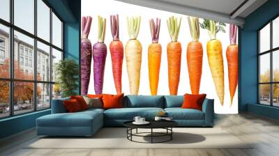 A variety of heirloom carrots in shades of orange, purple, and yellow, isolated on transparent background Wall mural