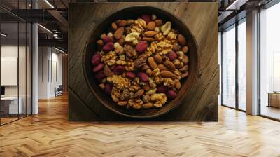 A vibrant bowl filled with a rich variety of nuts and seeds. Perfect for healthy snacking or as a topping for dishes, showcasing natural colors and textures. Wall mural