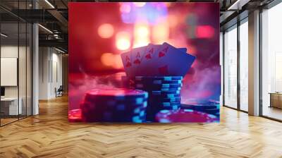 A vibrant display of a winning hand in poker with colorful chips and cards, capturing the excitement and thrill of the game in a casino atmosphere. Wall mural