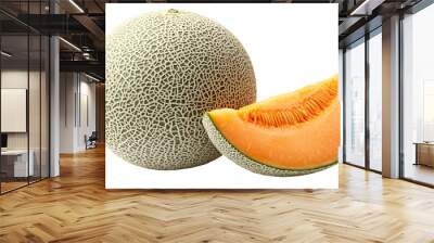 A whole cantaloupe with its rough netted skin and a slice cut reveal orange flesh, Isolated on transparent background Wall mural