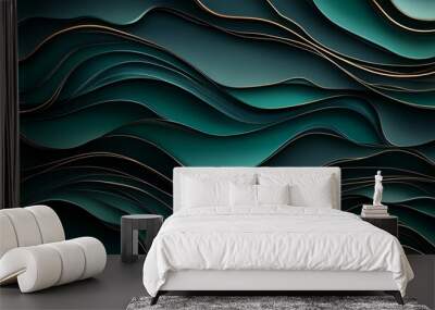 Abstract Lines, Deep Forest Green, A sophisticated deep forest green background with layered, abstract line patterns offering a textured and modern aesthetic Wall mural