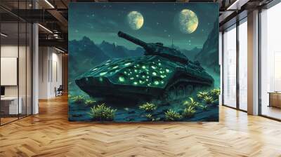 alien tank, organic design with bioluminescent patterns, gliding across a strange alien landscape, surreal and otherworldly rendering, aerial view capturing the tank's unique shape, glowing flora in Wall mural