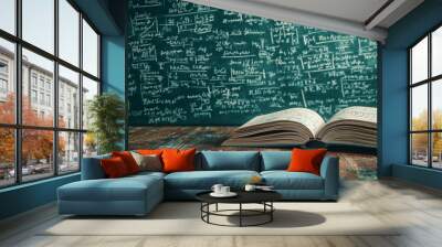 An open book rests on a wooden desk in a classroom, with a chalkboard filled with mathematical equations in the background, ideal for educational themes. Wall mural