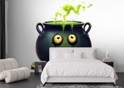 Classic Halloween artwork, a cauldron with bubbling green potion and a few eerie eyes peeking out, isolated on a white background, Wall mural