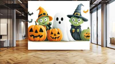 Cute Halloween artwork, a group of little monsters in costumes (ghost, pumpkin, and vampire), posing together, isolated on a white background, Wall mural