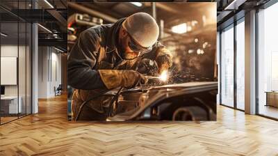 Detailed industrial style, skilled welder working on automotive welding, intricate and precise, methodical and sharp, close-up angle, welder welding car frame, automotive tools and parts visible in Wall mural