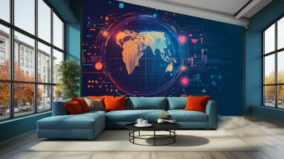 Digital Global Map with Data Visualizations and Technology Wall mural