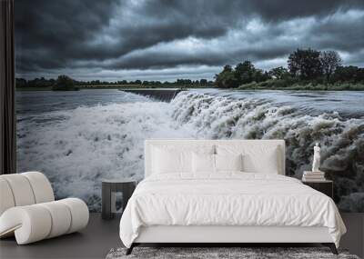 Flooding cause, collapsed dam resulting in downstream flooding, rush of water cascading over barriers, surrounding countryside, gray and cloudy sky Wall mural