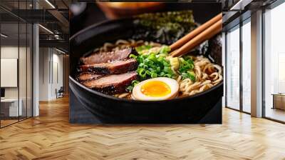 food photography, hearty bowl of ramen, filled with miso broth, sliced pork, soft-boiled egg, and nori, topped with green onions, warm and ambient lighting, close-up view, traditional Japanese Wall mural