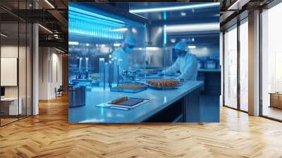 Futuristic food lab with researchers using high-tech equipment, close-up of scientists analyzing food samples, glowing instruments, sterile, modern lab environment, soft blue lighting Wall mural