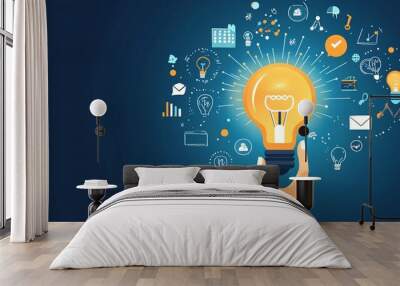 Hand holding a glowing lightbulb, with rays of light and flat icons representing inspiration and creativity, flat illustration Wall mural