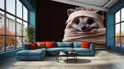 Hedgehog dressed as a mummy with tiny bandages, Halloween hedgehog, spooky small animal costume Wall mural