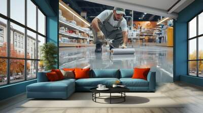 photorealistic worker applying epoxy floor coating in a retail store, the worker using a paint roller to coat the polished concrete floor, medium shot capturing the worker's focused expression and Wall mural