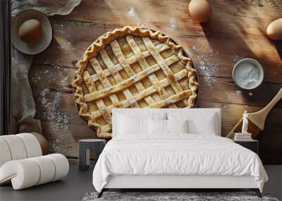 pie crust with lattice pattern, pastry brush with egg wash, small bowl of sugar, vintage rolling pin, wooden table, golden morning sunlight, classic and homely baking setup Wall mural