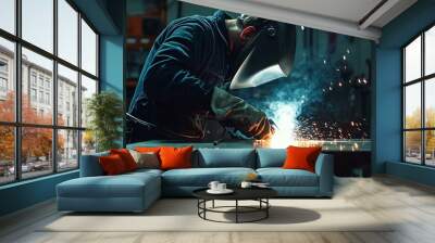 Sharp industrial style, skilled welder working on metal plate, detailed and methodical, strong and precise, medium angle, welding sparks flying, tools and machinery surrounding, high-contrast Wall mural