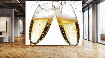 Two elegant champagne flutes clink together, creating a joyful moment. Bubbles rise up, symbolizing celebration and togetherness, perfect for any festive occasion. Wall mural