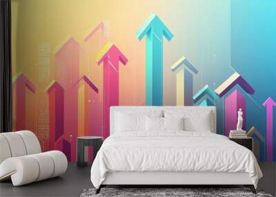 Vector illustration of a financial growth chart with bold upward arrows, clean lines and geometric shapes, vibrant color palette, top-down view, minimalistic scene with a grid layout, light Wall mural