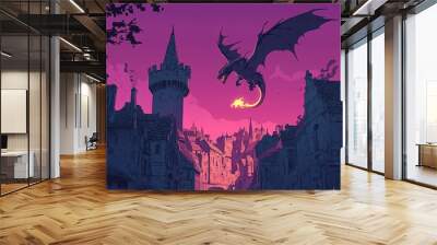 Vector Style Loading Screen Dragon Flying Medieval City Flames Mouth Tall Stone Towers Narrow Streets Clean Stylized Design Dark Moody Color Scheme Wall mural