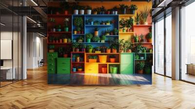 Vibrant home garden decor transforming your interior with a spectrum of colorful plants and unique shelving designs for a lively atmosphere Wall mural