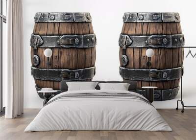 Western game item design, two-piece barrel with wooden texture and metal bands, shown in an angled view to emphasize the construction, white background focusing on the details Wall mural